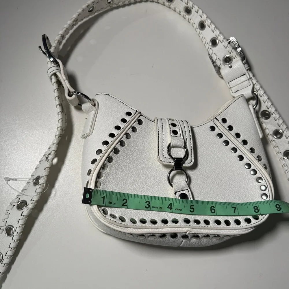 White Studded Shoulder Bag‎ Silver Studs Adjustable Strap Grunge purse